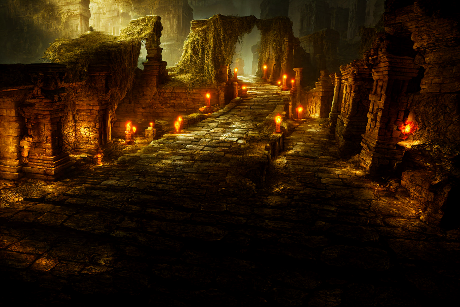 00571-3775693610-Concept Art, Horror, Western Magic Style, Staircase, No Man, Fantasy, Ruins, Pillars, Two Rows of Oil Lamps on Fire, Stone Bridg.png